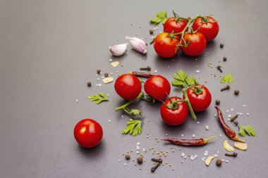 Baharatlar, otlar, domateslerle pişirilmiş beton arkaplan