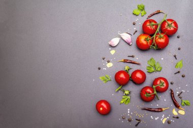 Baharatlar, otlar, domateslerle pişirilmiş beton arkaplan