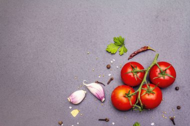 Baharatlar, otlar, domateslerle pişirilmiş beton arkaplan