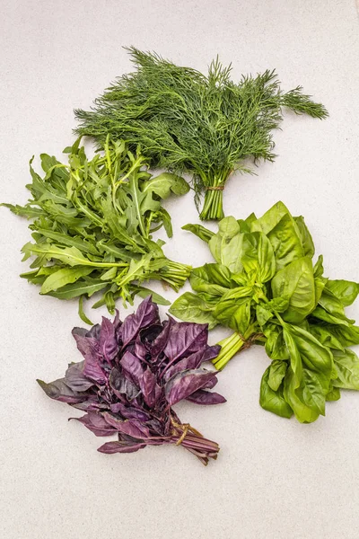 Fresh assorted herbs: basil, arugula, dill. — Stock Photo, Image