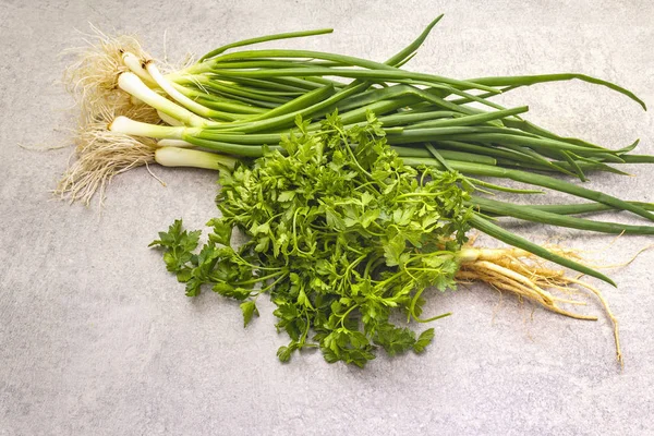 Fresh greens on a stone background — Stock Photo, Image