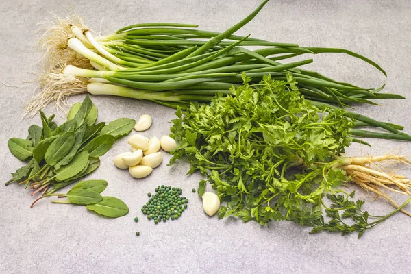 Fresh greens on a stone background — Stock Photo, Image