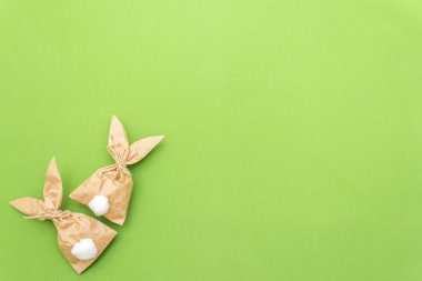 Paskalya tavşanı renkli arka planda yumurta paketleme fikri. Asgari paskalya konsepti, düz konum, kopyalama alanı.