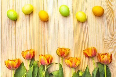 Paskalya bahar konsepti. Ahşap zemin üzerinde yumuşak lale ve yumurta. Kart, duvar kağıdı, kopyalama alanı.