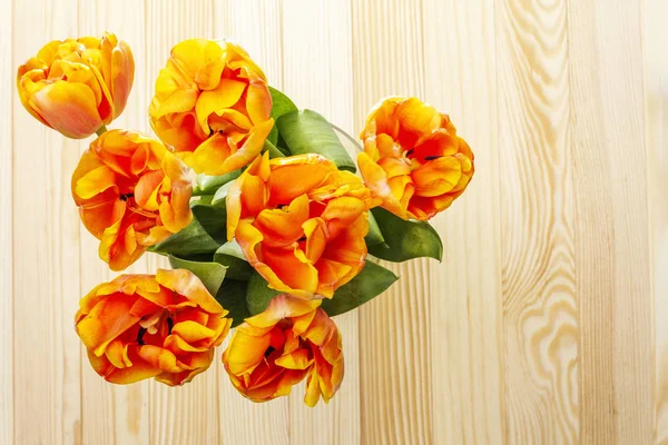 Forår romantisk koncept. Blid tulipan i glas vase på træ baggrund. Kort, tapet, kopieringsrum, nærbillede . - Stock-foto