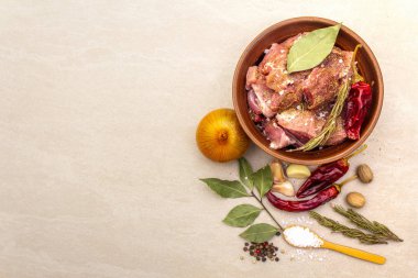 Çiğ domuz omzu. Baharatlar, kuru otlar, sarımsak, biberiye, defne yaprağı, acı ve karışık biber, hindistan cevizi, soğan, tuz. Salamura et için gerekli malzemeler. Taştan arka plandaki Rustik seramik kase kopya alanı