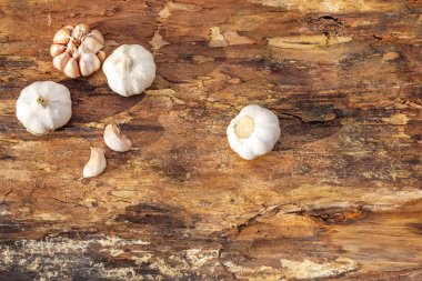 Ahşap kabuklu arka planda sarımsak kafalar. Yemek pişirmek için. Üst görünüm