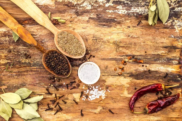 Set of different spices and herbs - black pepper, allspice, cumin, hot pepper, bay leaf, salt. On wooden bark background, top view. — Stock Photo, Image