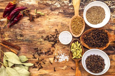 Farklı baharat ve otlar. Karabiber, baharat, kimyon, acı biber, defne yaprağı, kişniş, kakule, yıldız anason, tarçın çubukları, tuz. Ahşap kabuk arka plan, üst görünüm.