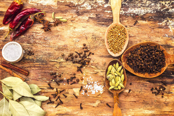 Set of different spices and herbs - black pepper, allspice, hot pepper, bay leaf, coriander, cardamom, star anise, cinnamon sticks, salt. On wooden bark background, top view.