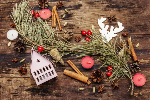 Spirit Christmas background. New Year tree, light house, dog ros — Stock Photo, Image