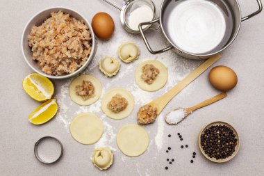 Balık köftesi. Ev yemeği için gerekli malzemeler. Taze hamur, balık, baharat, yemek ekipmanları. Taş beton arka plan