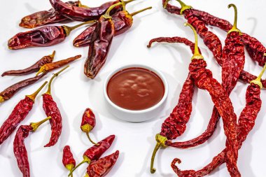 Beyaz arka planda izole edilmiş acı biber sosu. Kuru acı biberin farklı çeşitleri, hazırlanmak için ana bileşen. Yemek arkaplanı, maket