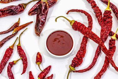 Beyaz arka planda izole edilmiş acı biber sosu. Kuru acı biberin farklı çeşitleri, hazırlanmak için ana bileşen. Yemek arkaplanı, maket