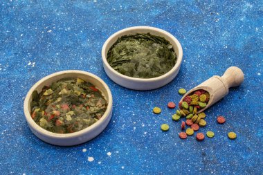 Akvaryum balığı için farklı yemek türleri. Flakes, spirulina, haplar, karışım. Deniz mavisi arka plan