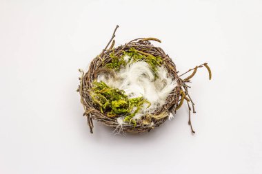 Paskalya kuşu yuvası beyaz arka planda izole edilmiş. Sıfır israf, DIY konsepti. Yumuşak tüyler, yosun