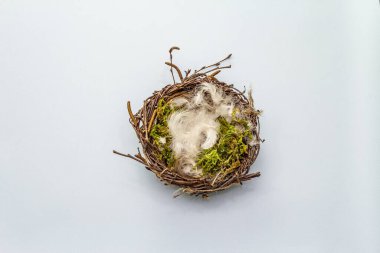 Paskalya kuşu yuvası. Sıfır israf, DIY konsepti. Yumuşak tüyler, yosun. Açık mavi arkaplan, boşluk kopyala, üst görünüm
