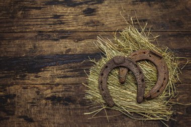 Samanlıkta iki eski dökme demir at nalı. İyi şanslar sembolü, Aziz Patrick Günü konsepti. Antika ahşap arka plan, at aksesuarları.