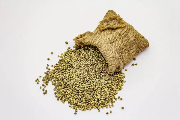 Semillas Cáñamo Maduras Bolsa Aisladas Sobre Fondo Blanco Comida Tendencia —  Fotos de Stock