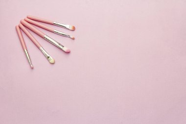 Makyaj fırçaları çeşitliliği. Pembe arka planda kozmetik seti. Profesyonel dekoratif kozmetik, güzellik blogcusu konsepti, üst görünüm