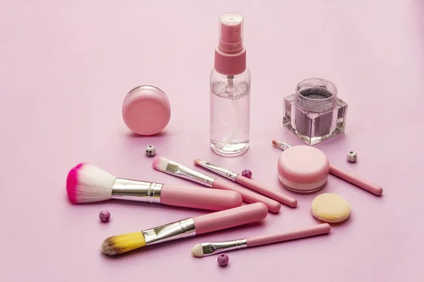 Makeup Cosmetic Set Pink Background Professional Decorative Cosmetics Beauty Blogger — Stock Photo, Image