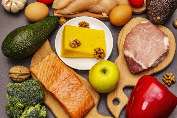 Trendi Ketogén Étrend Termékek Készlet Paleo Pegan Alacsony Szénhidráttartalmú Táplálkozás — Stock Fotó