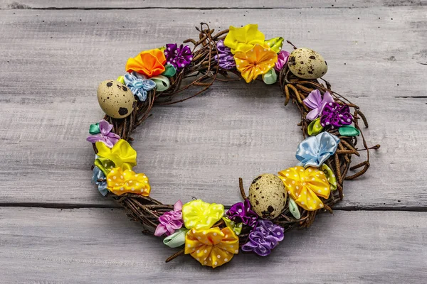 Hand Crafted Easter Wicker Wreath Quail Eggs Handmade Flowers Birch — Stock Photo, Image