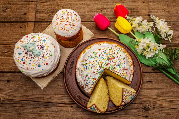 Easter Cakes Old Wooden Table Traditional Orthodox Festive Bread Cut — Stock Photo, Image