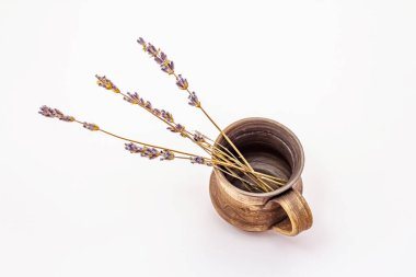 Beyaz arkaplanda kuru lavanta izole edilmiş. Aromatik çiçekler, geleneksel gıda ve kozmetik malzemeleri.