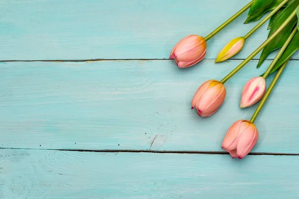 问候卡 母亲节快乐 复活节快乐 情人节快乐 结婚快乐 蓝绿色木板背景上柔和的粉色郁金香 — 图库照片