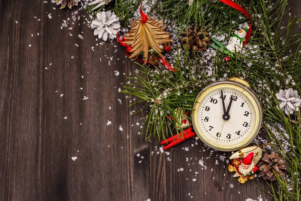 Five Minutes Midnight New Year Concept Alarm Clock Pine Branch — Stock Photo, Image