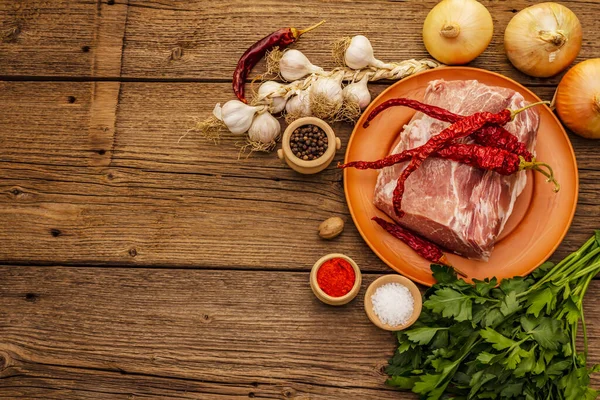 Raw Pork Meat Fresh Loin Spices Fragrant Vegetables Parsley Vintage — Stock Photo, Image