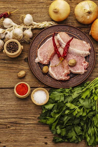 Raw Pork Meat Fresh Loin Spices Fragrant Vegetables Parsley Vintage — Stock Photo, Image