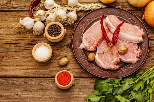 Raw Pork Meat Fresh Loin Spices Fragrant Vegetables Parsley Vintage — Stock Photo, Image