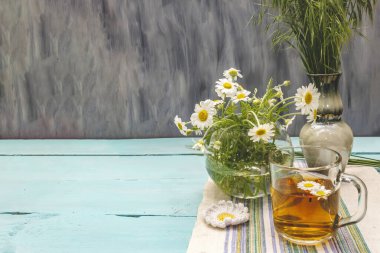 Papatya çayı. Taze çiçekler, yaz sıcak içecek konsepti. Alternatif tıp, yaşam tarzı. Moda turkuaz tahta tahta arka plan, kopyalama alanı