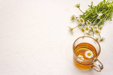 Papatya çayı. Taze çiçekler, yaz sıcak içecek konsepti. Alternatif tıp, yaşam tarzı. Beyaz macun arkaplanı, kopyalama alanı