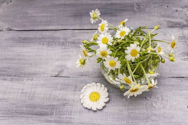 Buket Kamille Friske Blomster Hæklet Mønster Alternativ Medicin Livsstil Træplader - Stock-foto