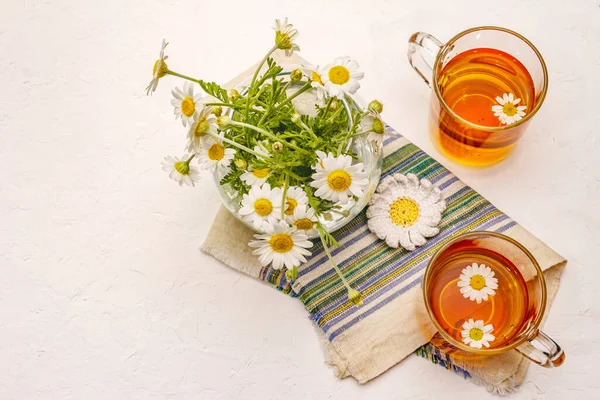Chamomile tea. Fresh flowers, summer hot drink concept. Alternative medicine, lifestyle. White putty background, top view — Stock Image Chamomile Tea Fresh Flowers Summer Hot Drink Concept Alternative Medicine Stock Picture
