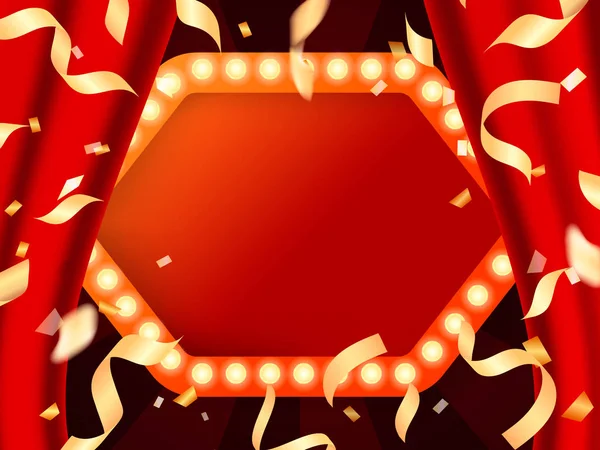 Illustration Vectorielle Cadre Rétro Avec Lumières Rideaux Rouges Ouverts Serpentine — Image vectorielle