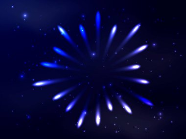 Bulutlu ve havai fişekli koyu mavi gökyüzü. Poster veya afiş için vektör stoku İllüstrasyonu