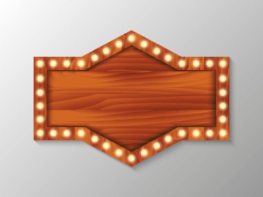 Duvarında ampuller olan kahverengi ahşap tahta. Kart veya pankart için vektör stok illüstrasyonu