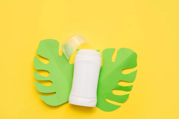 Flat Lay Composition Natural Deodorant Paper Green Leaves Yellow Background — Stock Photo, Image