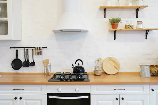 Diseño Interior Una Cocina Moderna Colores Blanco Madera — Foto de Stock