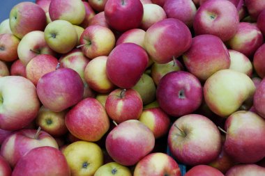 Süpermarkette bir sürü kırmızı elma, sağlıklı yiyecekler.