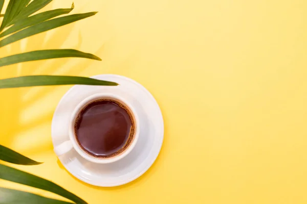 Palm leaves plant and cup of black coffee on yellow background. Copy space. Top view.