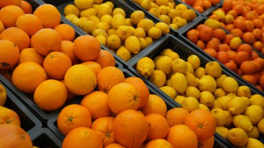 Sicilya portakalları ve limon, pazarda taze narenciye meyveleri.