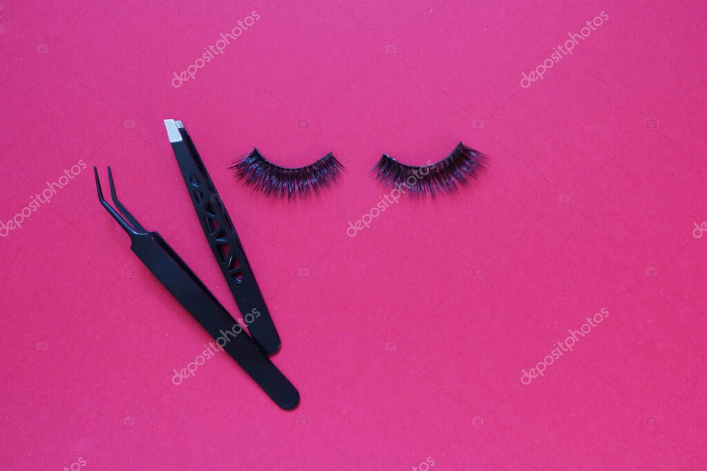 Download False Eye Lashes Black Tweezers On Pink Background With Copy Space Mockup Beauty Concept Tools For Eyelash Extension 365986404 Larastock