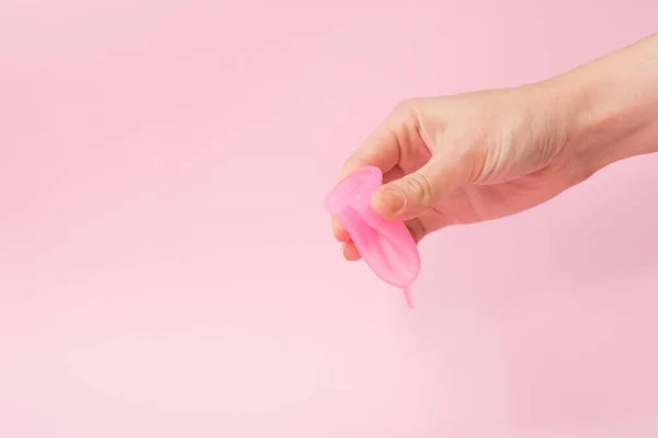 Close View Young Woman Menstrual Cup Pink Background Gynecology Concept — Stock Photo, Image