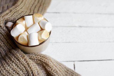 Kareli sıcak eşarp ve beyaz ahşap zemin üzerinde sıcak bir fincan kakao ile düz bir kış yatıyordu..