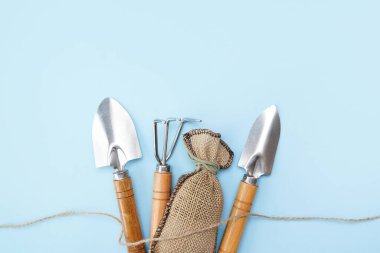 Mavi arkaplanda kopyalama alanı olan bahçe araçları